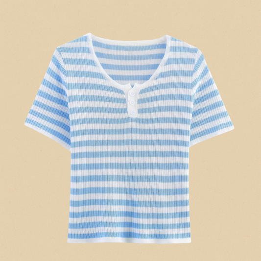 Capri Lichtblauw Gestreept Ribshirt Dames | Mio Voir